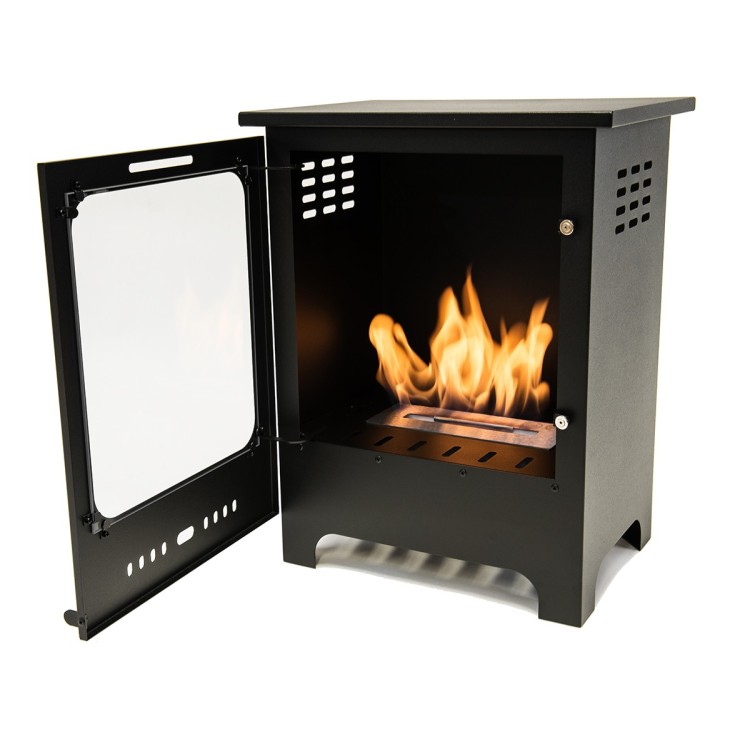 Bioethanol fireplace with glass, freestanding, with door.